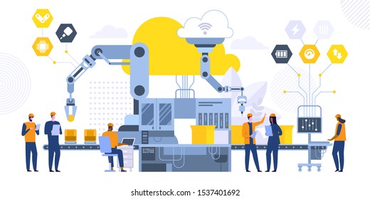 Automated Assembling Line Flat Vector Illustration. Futuristic Factory Workers, Engineers Computer Cartoon Characters. Manufacturing Process Monitoring. High Tech Equipment, Modern Machinery