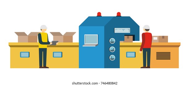 Automated assembly line. Automatic production conveyor. Robotic industry concept. Vector illustration