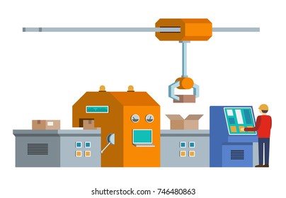 Automated assembly line. Automatic production conveyor. Robotic industry concept. Vector illustration
