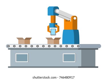Automated assembly line. Automatic production conveyor. Robotic industry concept. Vector illustration