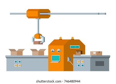 Automated assembly line. Automatic production conveyor. Robotic industry concept. Vector illustration