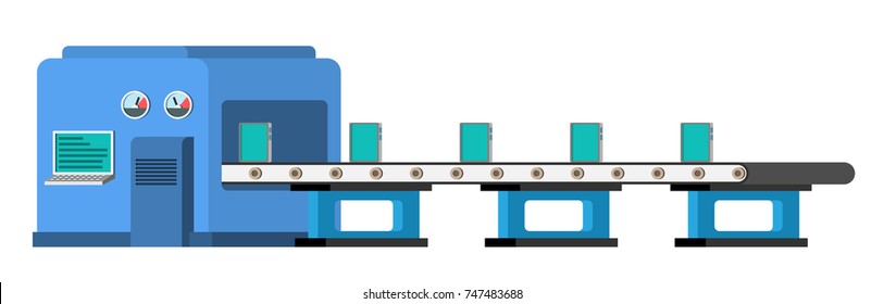 Automated assembly line. Automatic production conveyor. Robotic industry concept. Vector illustration