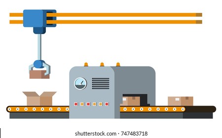 Automated assembly line. Automatic production conveyor. Robotic industry concept. Vector illustration