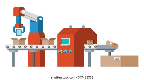 Automated assembly line. Automatic production conveyor. Robotic industry concept. Vector illustration