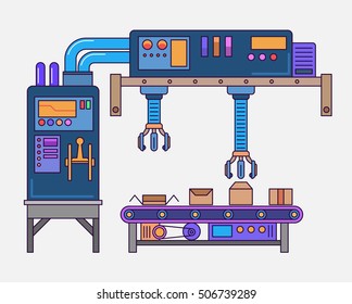 automated assembly line. Conveyor system in flat design. Mass production concept. Semi-transparent yellow boxes on a assembly line. Vector illustration