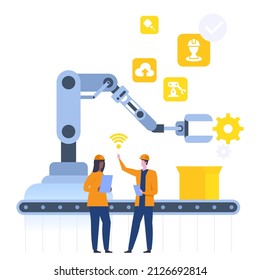 Línea de montaje automatizada con manipulador robótico de embalaje. Ingenieros cerca de la máquina, optimizan el flujo de trabajo o el proceso de monitoreo. Industria inteligente. Ilustración de carácter de vector aislada en el fondo