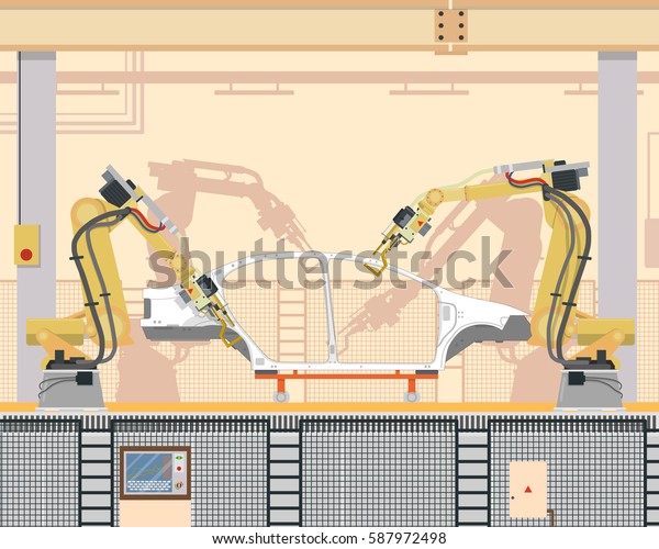 Automated assembly and welding the car body\
in the modern production with the help of a robotic manipulator arm\
on the assembly line. Vector\
illustration