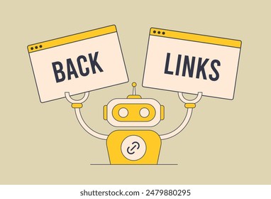 Estrategia de creación de backlinks automatizada. Inteligencia Artificial - el futuro del marketing digital SEO. Herramienta de construcción de Enlace Vector ilustración aislada sobre fondo blanco