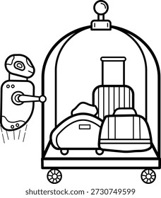 Conceito de sistema de manuseio de bagagem automatizado, design de ícone de vetor de inovação de serviço de hotel sem contato, robótica fazendo cena de trabalho de bellman, ilustração de estoque de vida diária futurista