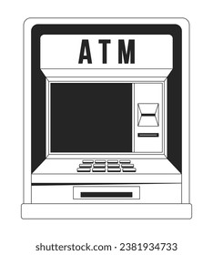Máquina bancaria automatizada, objeto vector aislado monocromo. Transacción. Operación financiera. Dibujo de arte en blanco y negro editable. Ilustración simple de la mancha para el diseño de gráficos web