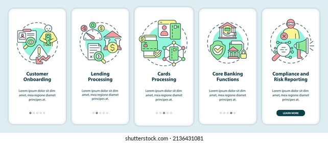 Automated banking onboarding mobile app screen. Autonomous operations walkthrough 5 steps graphic instructions pages with linear concepts. UI, UX, GUI template. Myriad Pro-Bold, Regular fonts used