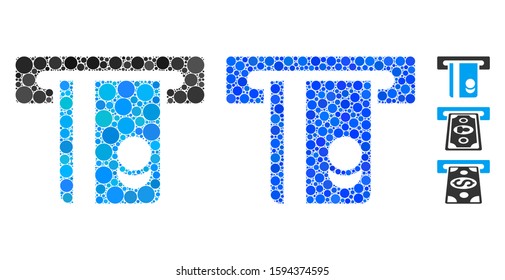 Automated banking service composition of round dots in various sizes and color tinges, based on automated banking service icon. Vector round elements are composed into blue composition.