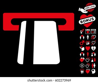 Automated Banking Service icon with bonus passion pictograph collection. Vector illustration style is flat iconic red and white symbols on black background.