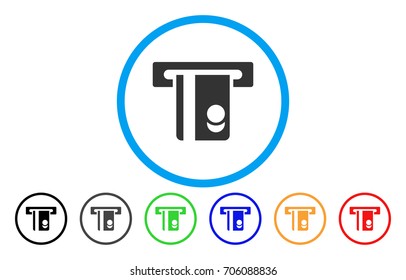 Automated Banking Service vector rounded icon. Image style is a flat gray icon symbol inside a blue circle. Bonus color variants are gray, black, blue, green, red, orange.