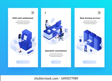 Isomometrische Banner-Vorlagen für das automatische Banksystem für Smartphones. Geldabhebung per Geldautomat. Datenhosting-Dienste, Informationsmanagement. Homepage-Design für spezielle Konsultationen