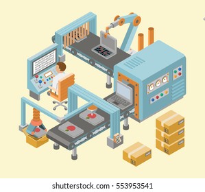 Automated belt conveyor production computerized assembling line remotely controlled by two operators isometric poster abstract vector illustration 