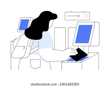 Automated border control abstract concept vector illustration. Woman scanning passport to automated kiosk, border control, airway transportation, commercial air transport abstract metaphor.
