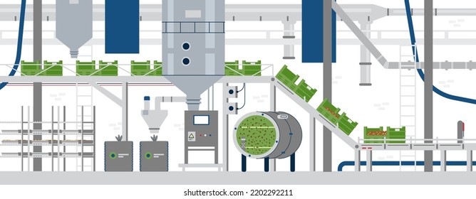 Automated Bug Farm Interior With No People Flat Vector Illustration. Insect Farming Equipment, Conveyor, Boxes, Pipes.