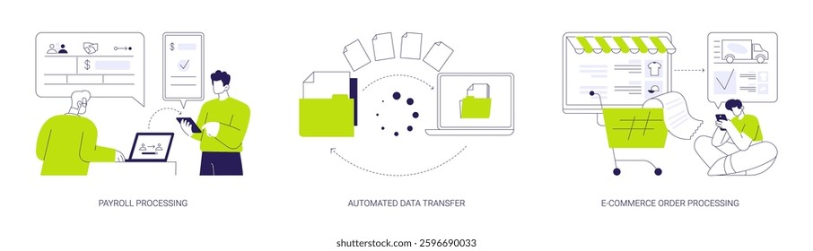 Automated business processes abstract concept vector illustration set. Payroll automation software, receive payment, data transfer, file exchange, e-Commerce order processing abstract metaphor.