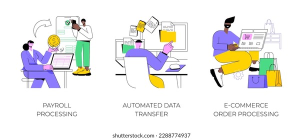 Automated business processes isolated cartoon vector illustrations set. Payroll automation software, receive payment, data transfer, file exchange, e-Commerce order processing vector cartoon.