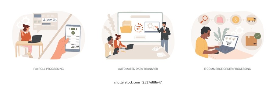 Automated business processes isolated cartoon vector illustrations set. Payroll automation software, receive payment, data transfer, file exchange, e-Commerce order processing vector cartoon.