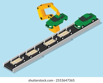 Automated Car Assembly Line with Robotic Arm 3d isometric vector illustration