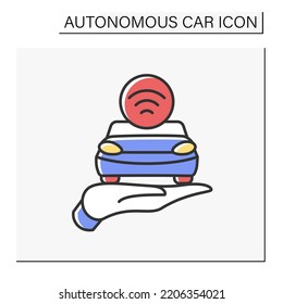Automated car color icon. Autopilot mode on an automobile. Self-driving car controlled by wifi on palm. Autonomous car concept. Isolated vector illustration