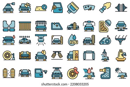 Automated car wash icons set outline vector. Car auto. Vehicle transport thin line color flat on white