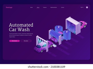 Automated car wash website. Vector landing page of carwash with isometric illustration of dirty and shiny vehicle after complex clean by water shower, brushes with foam and drying