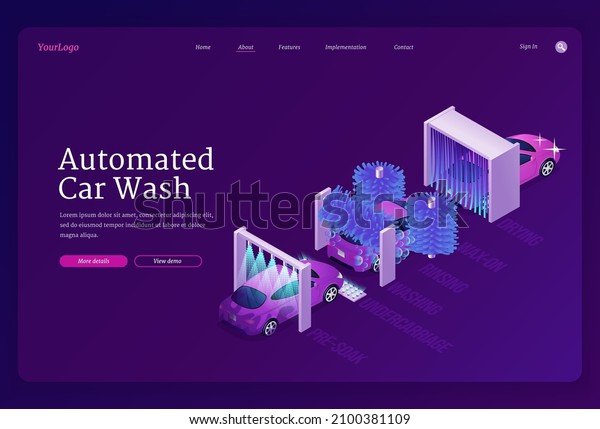 Automated car\
wash website. Vector landing page of carwash with isometric\
illustration of dirty and shiny vehicle after complex clean by\
water shower, brushes with foam and\
drying