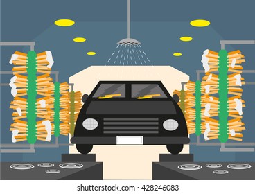 Automated Carwash tunnels with brushes and shower. Editable Clip Art.