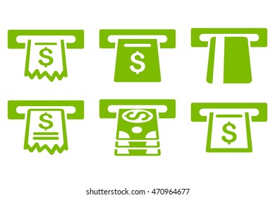 Automated Cashier vector icons. Pictogram style is eco green flat icons with rounded angles on a white background.