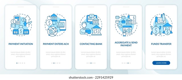 Automated clearing house process blue onboarding mobile app screen. Walkthrough 5 steps editable graphic instructions with linear concepts. UI, UX, GUI template. Myriad Pro-Bold, Regular fonts used