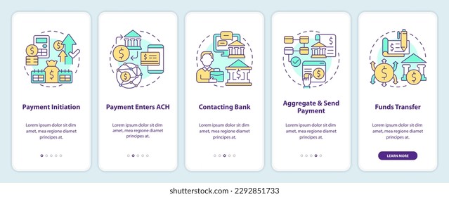 Automated clearing house process onboarding mobile app screen. Walkthrough 5 steps editable graphic instructions with linear concepts. UI, UX, GUI template. Myriad Pro-Bold, Regular fonts used