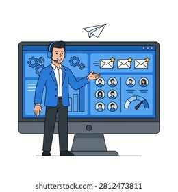 A automated client relationship management application setup, showing an expert digital sales consultant auditing automated user feedback metrics. Flat vector modern illustration