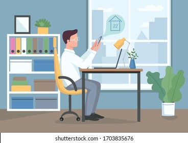 Automated climate control flat color vector illustration. Guy controlling smart home thermostat. Domestic life innovations. Young man with smartphone 2D cartoon character with workplace on background
