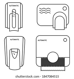 Automated Contactless Restroom Equipment With Sensors. Paper Towel Dispenser. Wall Mounted Automatic Soap Dispenser, Hand Dryer With Sensor. Drying Hands Safely. Disinfectant. Editable Stroke. Vector