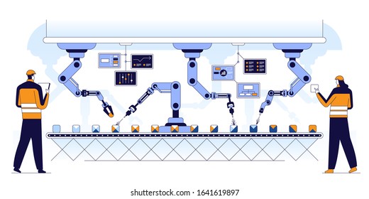 Automated conveyor line flat vector illustration. Modern production revolution, industry 4.0 concept. Innovative assembling process technology. Futuristic factory machinery, high tech equipment