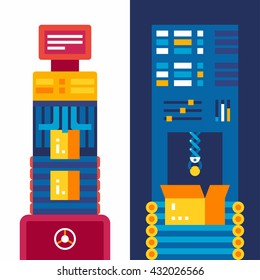 An automated conveyor production line with boxes and control panel.  Two vertical colored flat vector illustration 