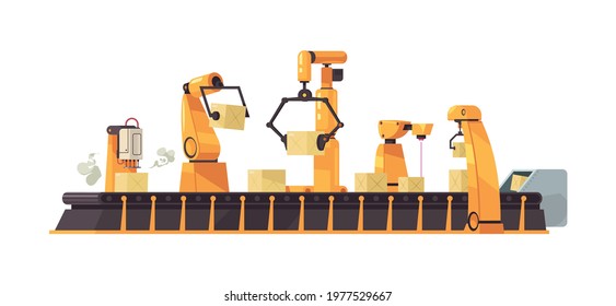 Automated conveyor with robotic arms cartoon icon vector illustration