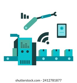 Ilustración vectorial del sistema de transporte automatizado. Ilustración vectorial plana moderna en colores sólidos con temática industrial.