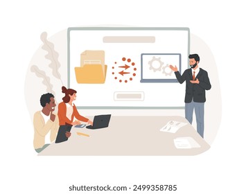 Automated data transfer isolated cartoon vector illustrations. Using software, business processes automation, transferring data from one system to another, file storage vector cartoon.