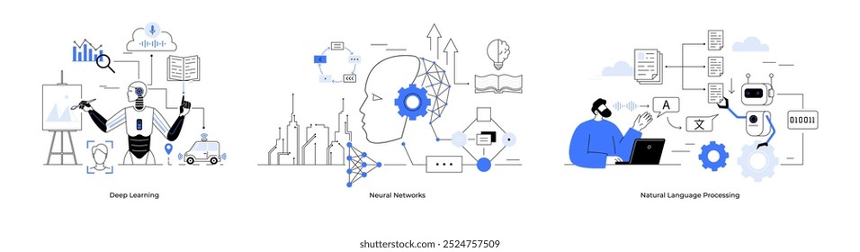 Aprendizagem profunda automatizada, redes neurais, processamento de linguagem natural. Robô apresentando dados, rede de cabeça humana ai pintar voz lida. Ideal para IA, aprendizagem automática, automação de tecnologia de ciência de dados