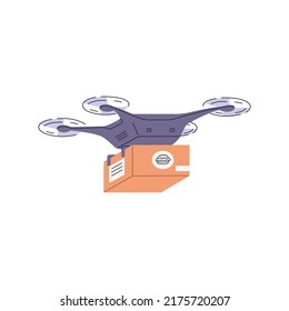 Entrega automatizada por drones voladores. Equipo inteligente con caja de alimentos, paquete de cartón que entrega paquete por aire. Futuro mensajero de robots sin personal. Ilustración vectorial plana aislada en fondo blanco