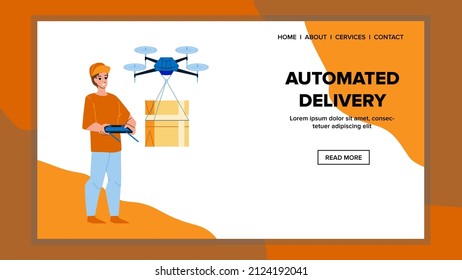 Distribución automatizada de tecnología de entrega. descripción de caricatura web plana del personaje de proceso de servicio robot automatizado de warehouuse