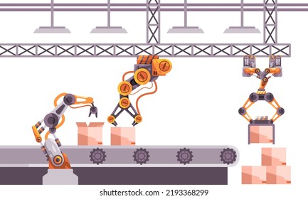 Automated Distribution Warehouse Box Product Assembly Line With Robot Arm Holding Cardboard