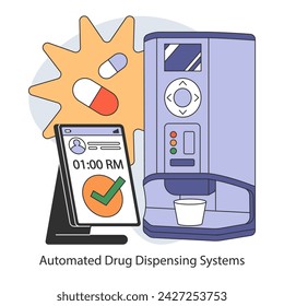 Concepto de Sistemas Automatizados de Dispensación de Medicamentos. Revolucionando la entrega de medicamentos con precisión. Asegurar la atención oportuna del paciente a través de la tecnología. Servicios de farmacia optimizados. Ilustración vectorial plana.