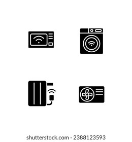 Automated electric appliances black glyph icons set on white space. Energy savers. Smart microwave oven and radiator. Silhouette symbols. Solid pictogram pack. Vector isolated illustration