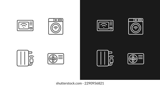 Automated electric appliances pixel perfect linear icons set for dark, light mode. Energy savers. Smart microwave oven. Thin line symbols for night, day theme. Isolated illustrations. Editable stroke