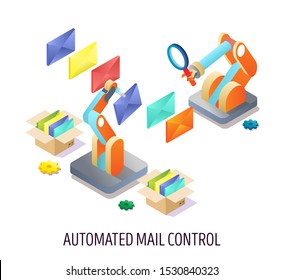 Automated email control, vector isometric illustration. Receiving, sorting and sending mail. Automated mail rules, email management concept for web banner, website page etc.